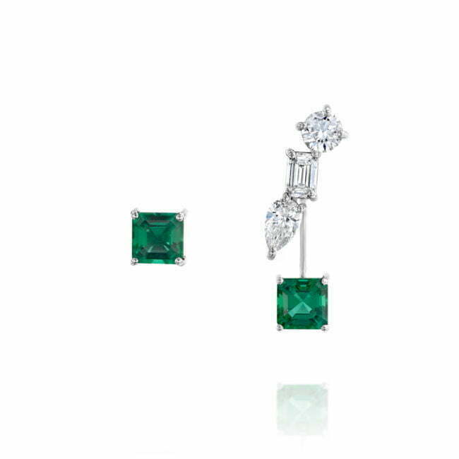 עגיל מטפס פנטזי מזהב לבן עם אבן חן ירוקה ויהלומים