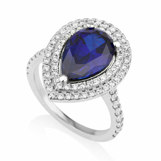 טבעת טיפת הנסיכה משובצת יהלומים מזהב לבן עם אבן חן כחולה