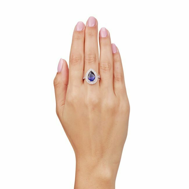 טבעת טיפת הנסיכה משובצת יהלומים מזהב לבן עם אבן חן כחולה