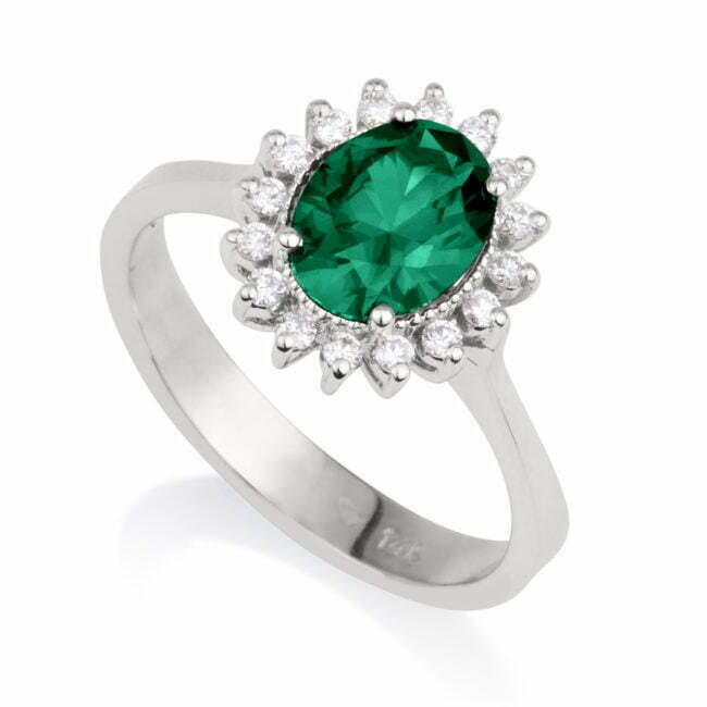 טבעת דיאנה משובצת יהלומים מזהב לבן עם אבן חן כחולה