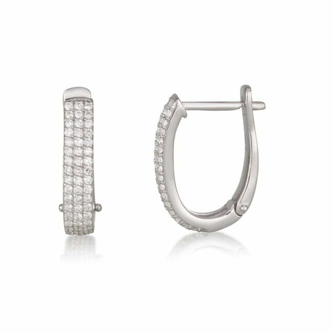 עגילי U - שלוש שורות משובצים יהלומים מזהב לבן