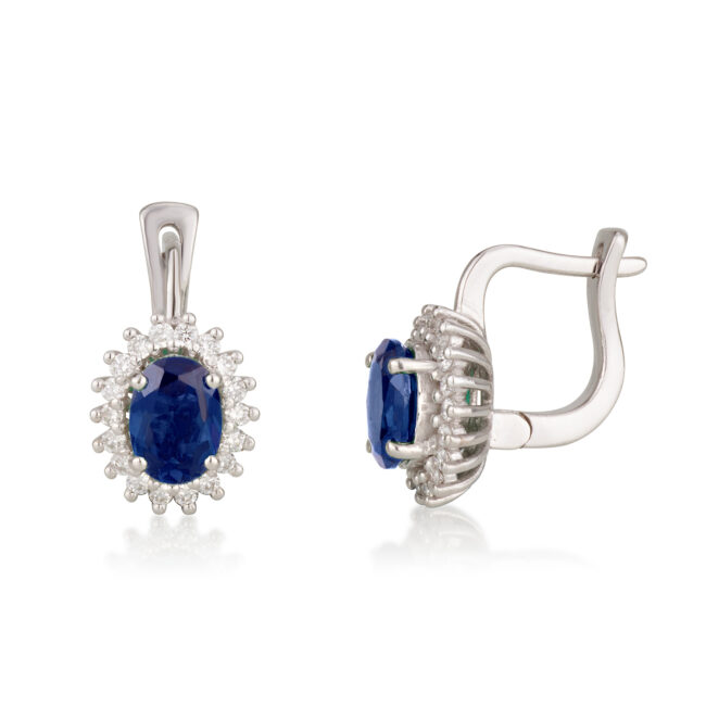 עגילי חמניה זהב לבן עם אבן חן כחולה