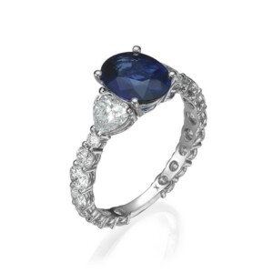 טבעת אובל לבבות יהלומים וספיר