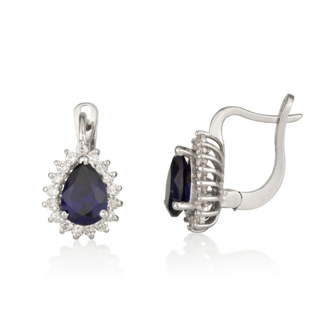 עגילי טיפה דיאנה זהב לבן עם אבן חן ירוקה ויהלומים