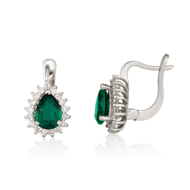 עגילי טיפה דיאנה זהב לבן עם אבן חן ירוקה ויהלומים