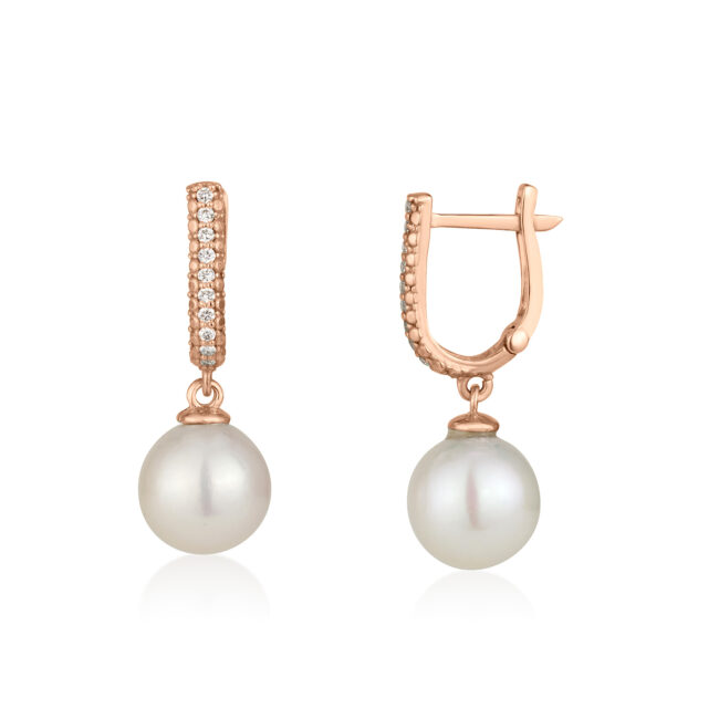 עגילי קלאסיק פנינה ויהלומים זהב לבן