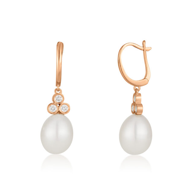 עגיל תלתן יהלומים פנינה תלויים זהב לבן