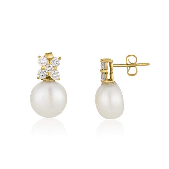 עגילי פנינה פרח יהלומים זהב לבן