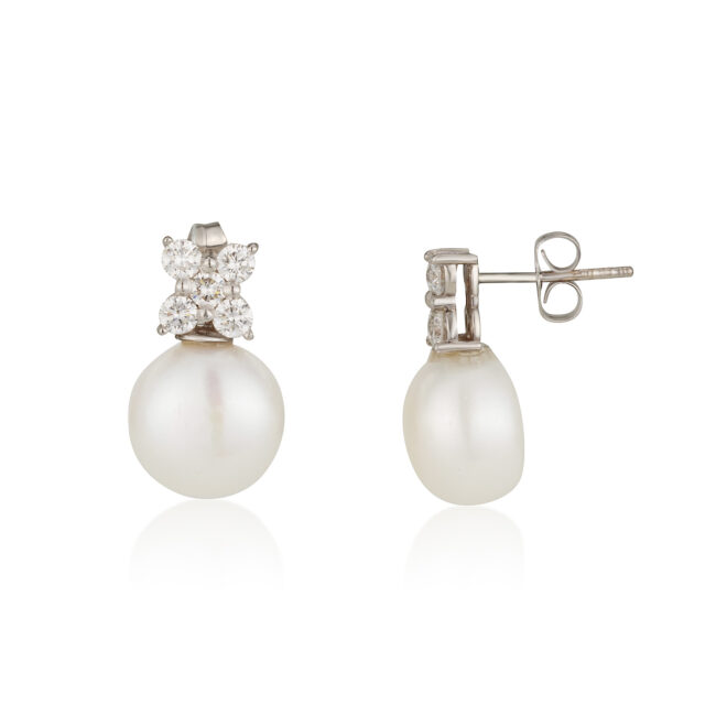 עגילי פנינה פרח יהלומים זהב לבן