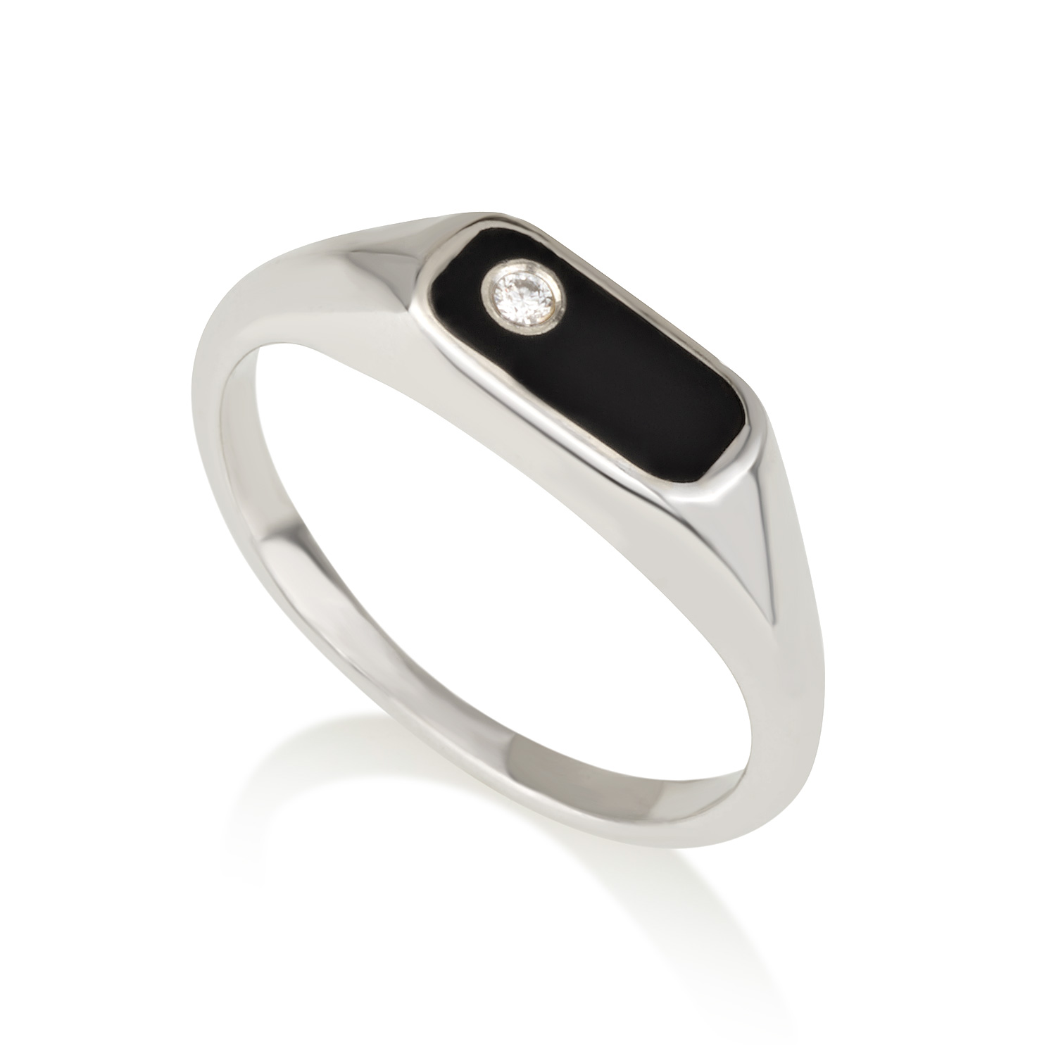 טבעת חותם זהב לנשים עם אמייל שחור ויהלום